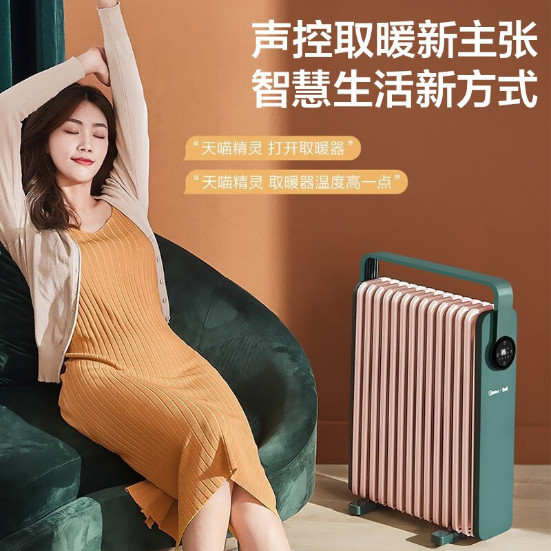 美的(Midea)智能油汀取暖器电暖器语音智控家用速热13片油丁酊大面积烤火炉防烫暖气片 HYX22KR黛青绿