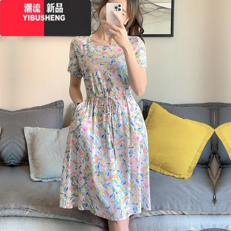 YIBUSHENG碎花棉绸连衣裙短袖新款清凉绵绸系带收腰藏肚口袋人造棉中长裙