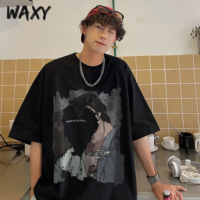 WAXY纯棉短袖T恤男学生oversize宽松欧美高街嘻哈潮流半袖上衣ins