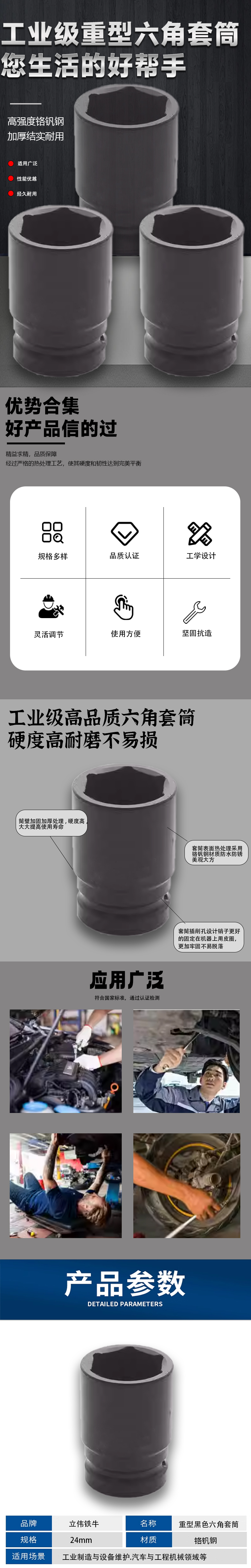 立伟铁牛重型黑色六角套筒24mm/个高清大图