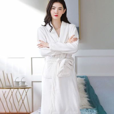 冬季法兰绒睡袍女秋冬季加厚加长款情侣女士珊瑚绒浴袍浴衣睡衣 2XL 白色