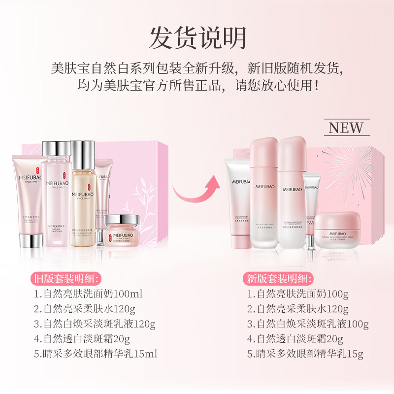 (MEIFUBAO)美肤宝套装护肤套装 自然白礼盒 洁面+水+乳液+面霜+眼精华 保湿补水 新老款随机发高清大图