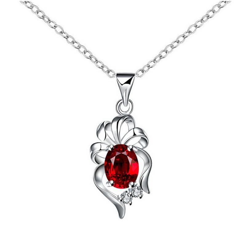 N060Women Silver Necklace镀925纯银镶宝石坠项链女送女友首饰送女朋友七夕情人节礼物