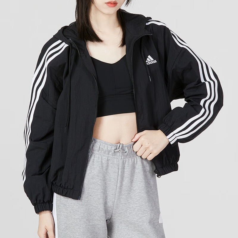 Adidas阿迪达斯外套女子新款运动服梭织防风休闲防风连帽夹克HT3399 ZP高清大图