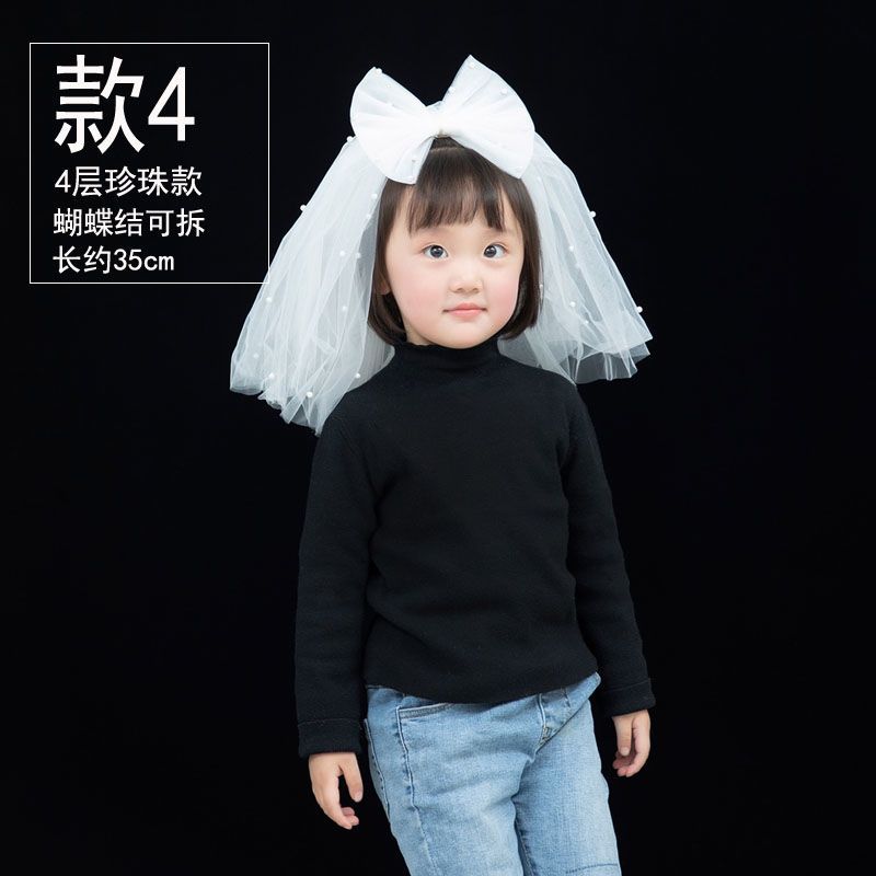 白色亲子母女宝宝儿童头纱短款头纱头饰超仙森系网红拍照道具复古 款4珍珠款 35-80cm