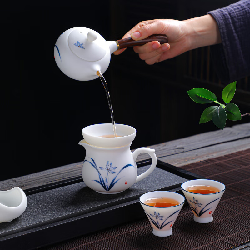 拓牌 10头素烧手绘羊脂玉瓷 侧把壶兰花 轻奢茶具套装 茶壶/茶杯整套茶具+彩盒包装 jh高清大图