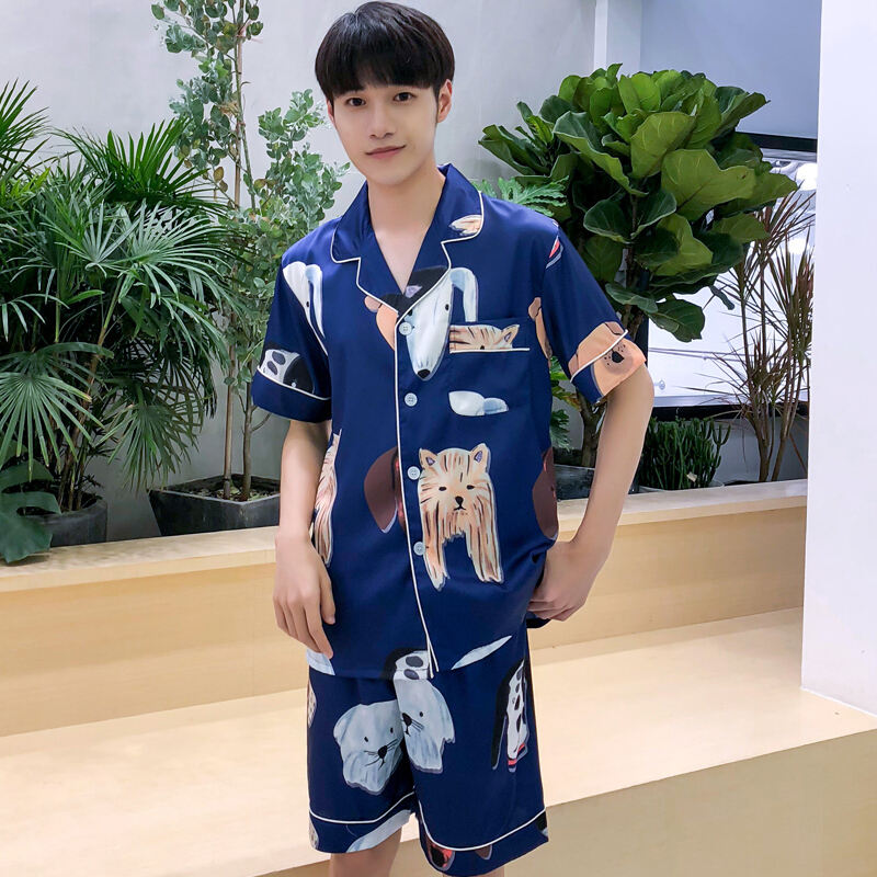 情侣睡衣夏卡通猫狗夏季冰丝短袖丝绸睡衣女夏家居服套装睡衣男夏