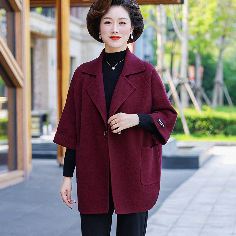 恒源祥中年妈妈秋装羊毛呢外套2024新款洋气中老年女春秋呢子大衣 酒红 L建议105斤内