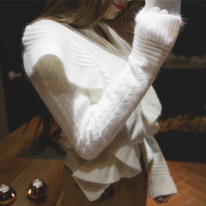 兔毛毛衣女短款2018新款秋季修身荷叶边外套v领纯色毛针织衫开衫白色(2018秋冬款)均码