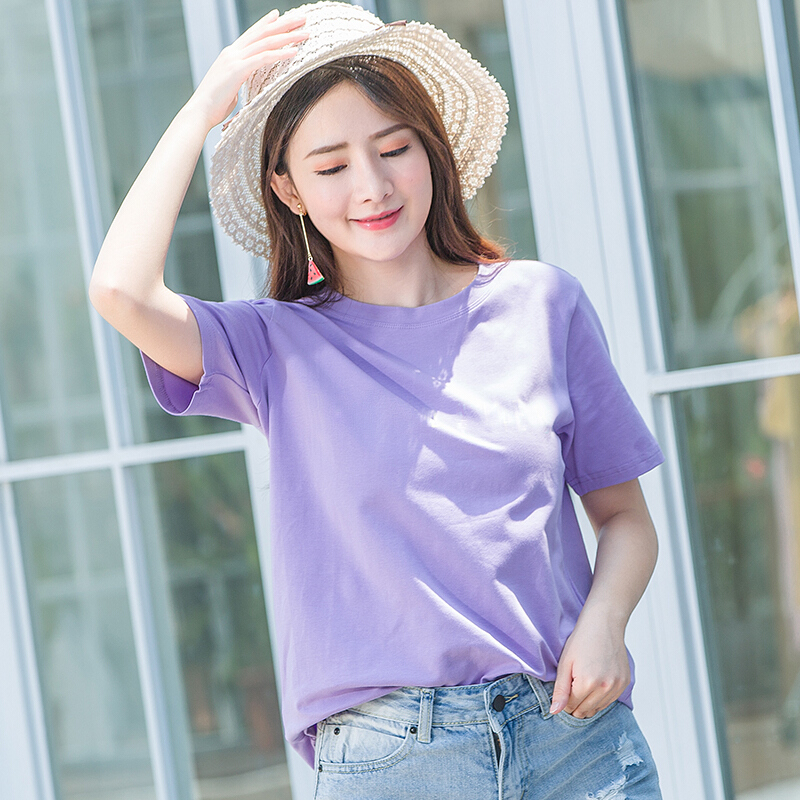 香芋紫色t恤女短袖宽松2018新款字母印花半袖体恤衫百搭浅紫上衣