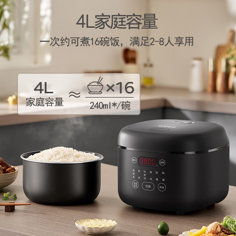 苏泊尔不锈钢厚釜底盘加热电饭煲4L圆形黑色钛金属微电脑控制支持预约功能高清大图