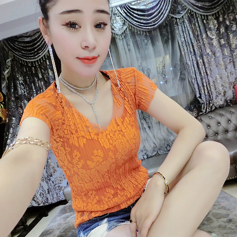 2018夏季新款短袖T恤女修身弹力蕾丝性感两件套打底衫V领半袖上衣