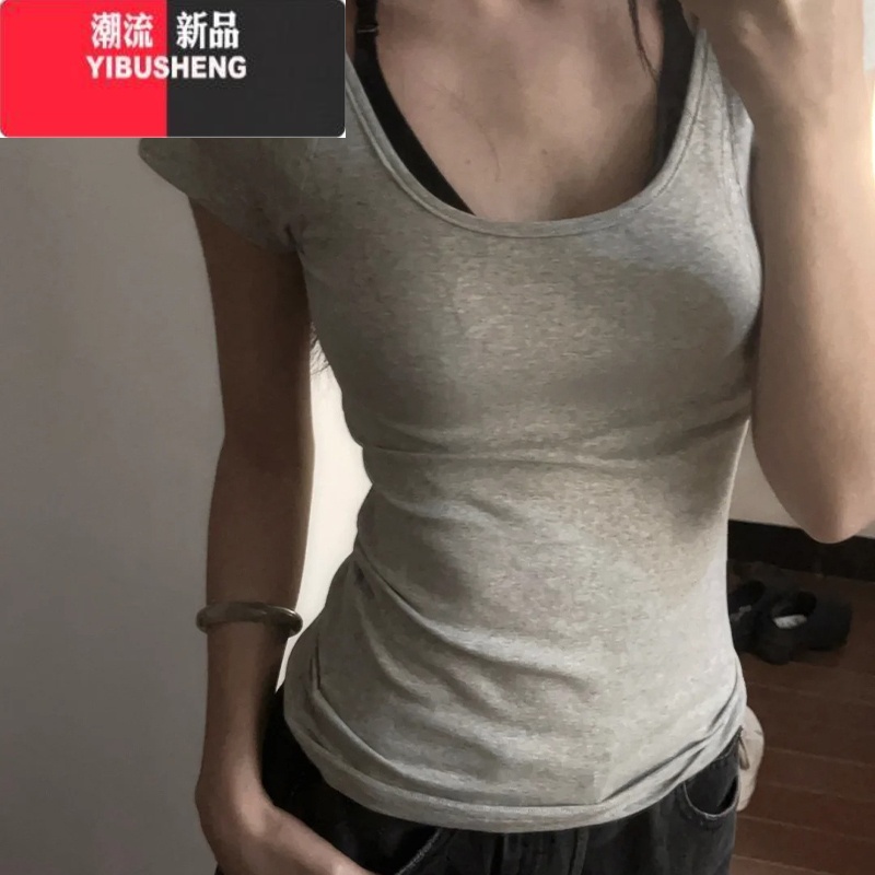 YIBUSHENG美式休闲灰色打底插肩袖T恤女2024季基础款百搭显瘦短袖上衣E高清大图