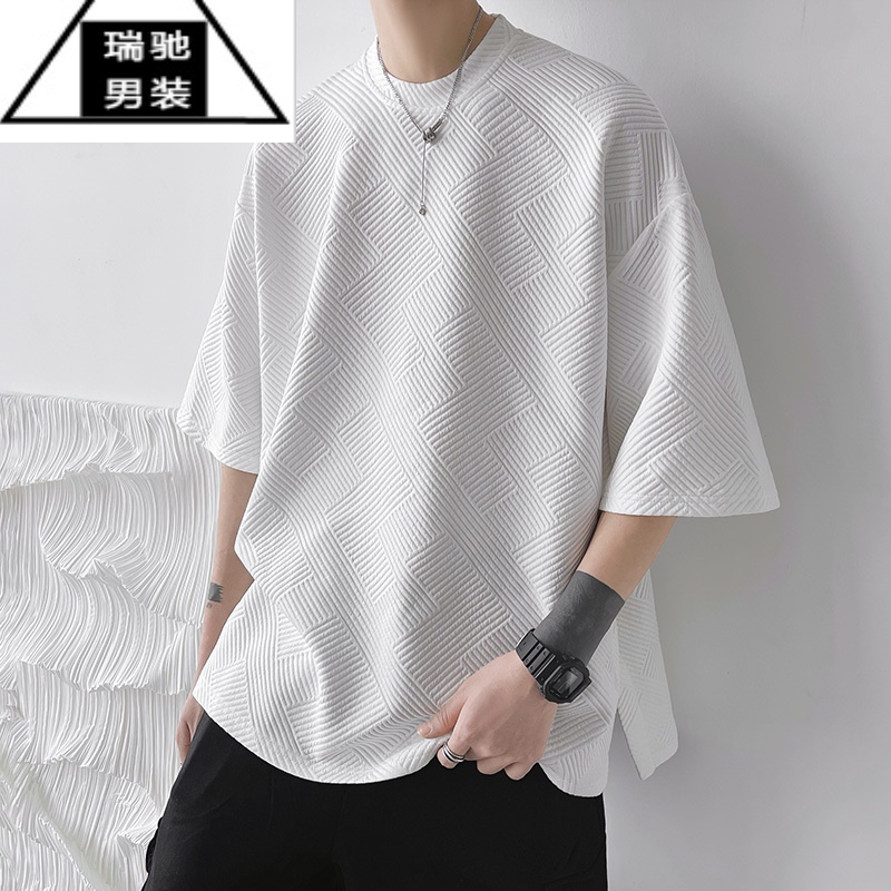 希杰狮王下摆开叉排扣短袖t恤男夏季300g美式潮牌设计感宽松圆领衣服