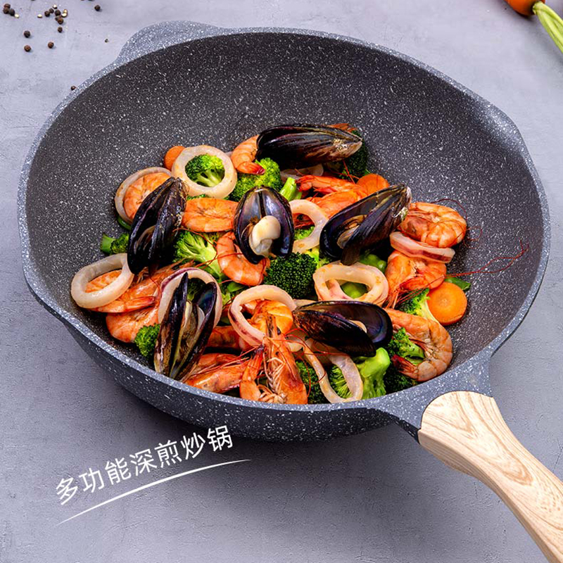 Jeetee吉特不粘少油烟麦饭石不粘锅煎炒锅平底锅煎锅家用炒菜锅具32cm电磁炉燃气灶通用MFSJ002-32G硅胶锅盖高清大图