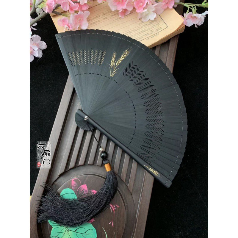 古风金色喷绘中国风梅花黑色全竹工艺扇礼品扇小日式女夏季折扇子 三维工匠 梅花+大珠黑配红