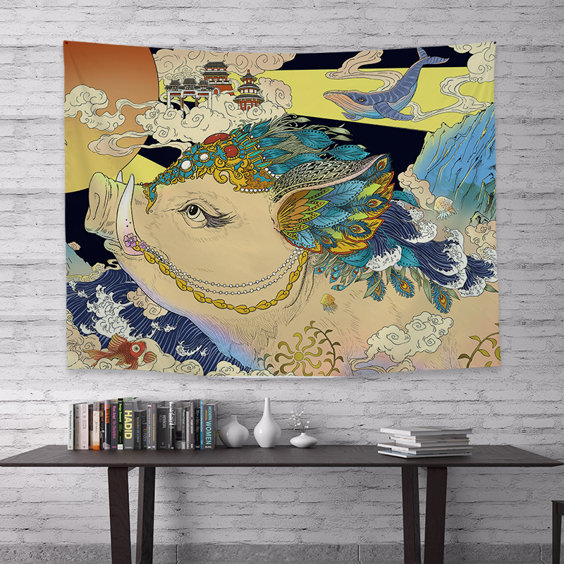 美帮汇日式浮世绘神奈川冲浪图背景布挂布宿舍床头装饰背景墙布高清大图