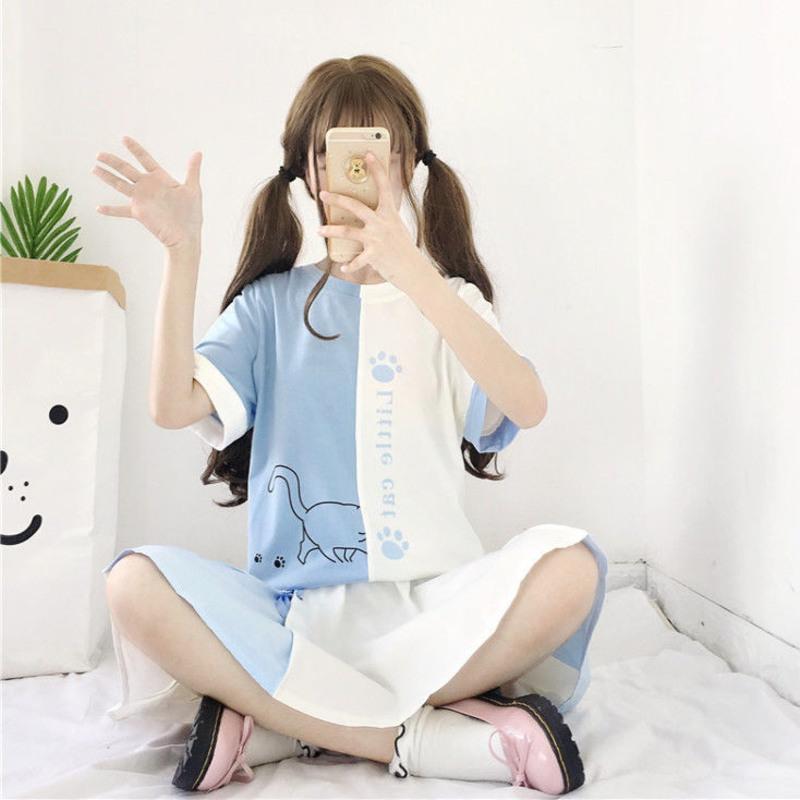 日系少女套装裙带安全裤半身裙印花T恤女学生两件套小清新A字裙 089 单件[T恤] S 80-90