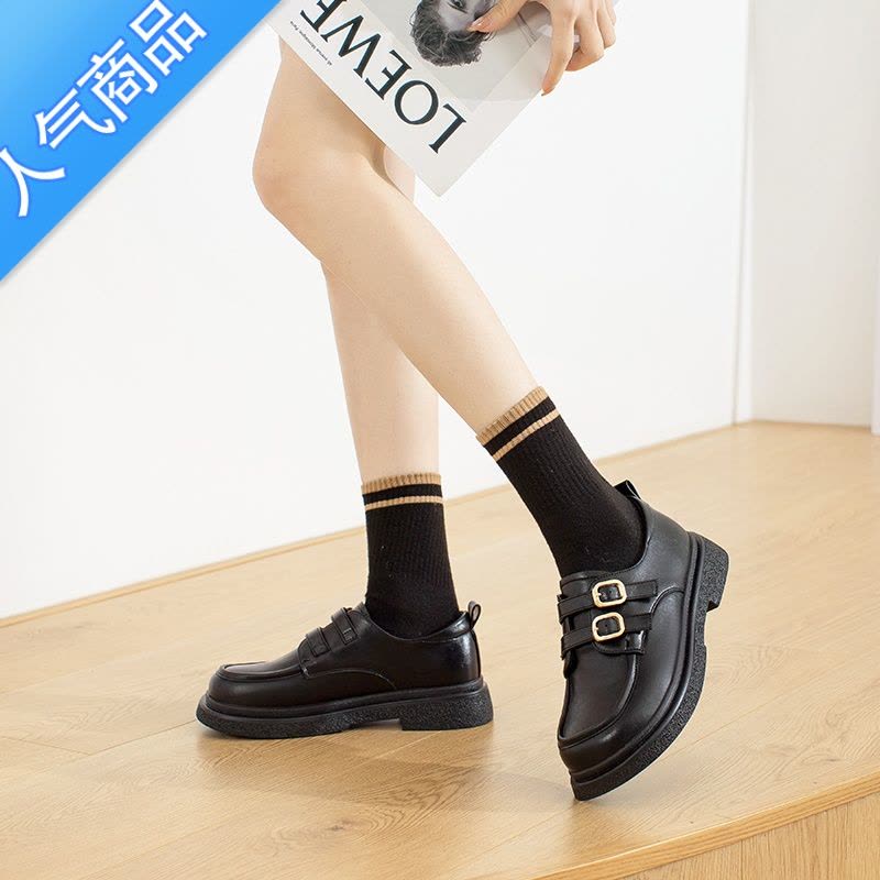 SUNTEK乐福鞋女厚底2023新款春夏白色软底增高粗跟英伦风小皮鞋图片