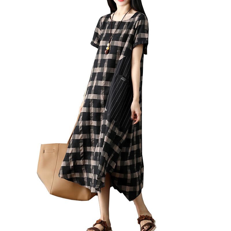 迪鲁奥(DILUAO)2021夏装新款时尚短袖棉麻格纹中长连衣裙韩版显瘦宽松大码孕妇裙 黑色图片