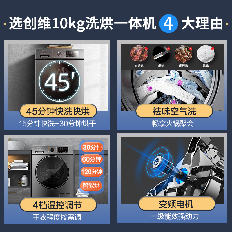 创维洗衣机10公斤洗烘一体变频家用大容量滚筒洗衣机 祛味空气洗一能能效F100PD