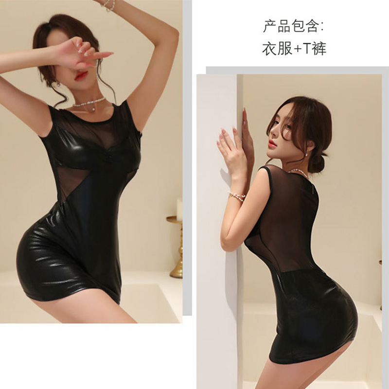 女王SM漆皮紧身包臀连衣裙全透明透视漏背丁字内裤套装女士情趣内衣开档露乳免脱性感诱惑女式情趣睡衣长夜漫漫成人欧美女性用品 黑色 均码80-135斤
