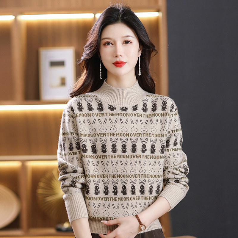 2024春秋新款半高领双股羊绒衫女半高领100%纯山羊绒毛衣印花针织衫宽松慵懒毛衣套头女装上衣针织打底衫加厚外搭毛衣女 1343米白 2XL