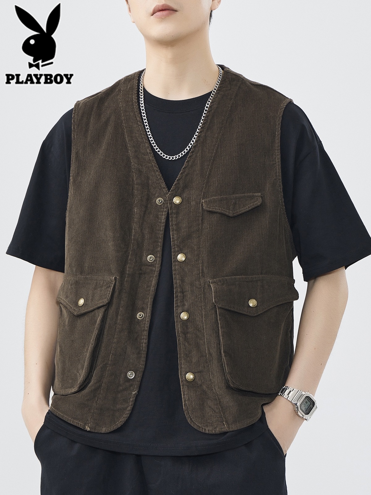 花花公子灯芯绒马甲男士工装背心2025年秋冬季新款日系马夹外套芯高清大图