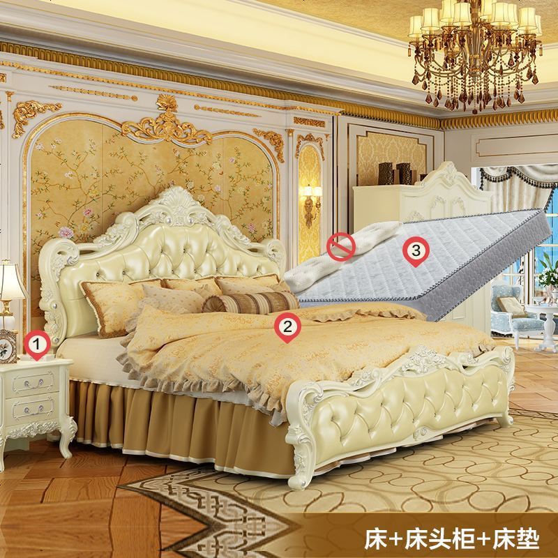 欧式床双人床高箱储物床1.8米婚床公主床主卧室家具套装组合_4 1800mm*2000mm_欧式床+床头柜*1+床垫_箱框