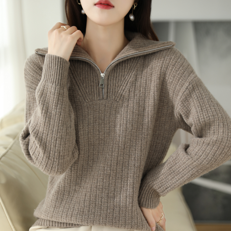 秋冬新款100纯羊毛衫女半高开拉链领毛衣套头宽松新款可翻领春秋宽松加厚外穿羊毛衫内搭翻领针织打底衫半拉链毛衣女上衣高清大图