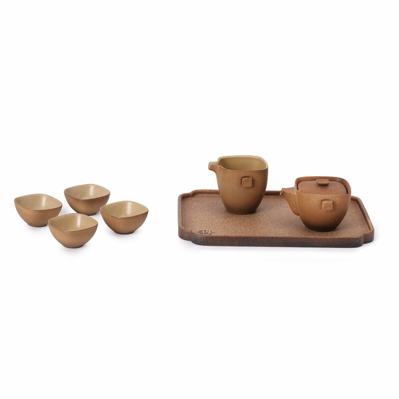 万仟堂(EDENUS)四方团圆·成套茶具黄砂釉(一壶一海一盘四杯)高清大图