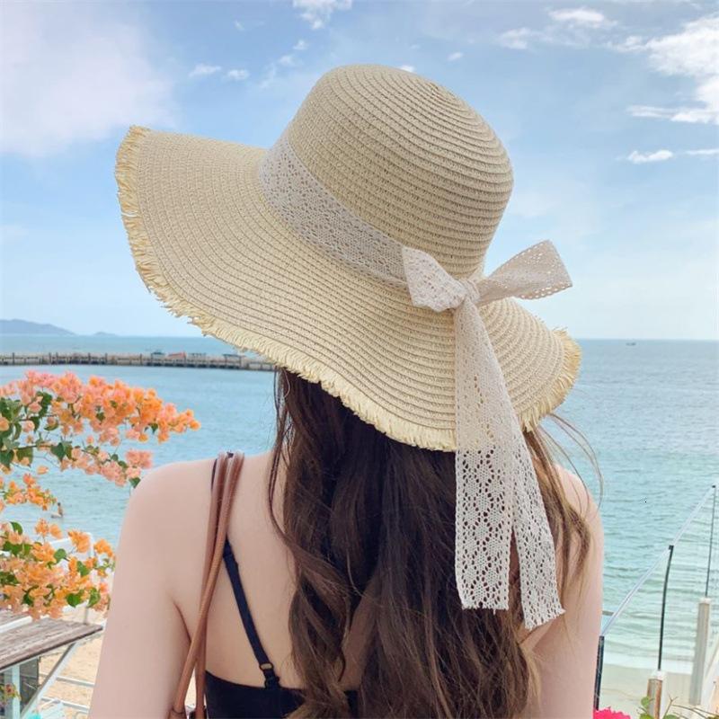 夏季新款帽子女丝带蝴蝶结大檐草帽户外旅游防晒遮阳帽沙滩太阳帽 毛边蝴蝶结-米色 M（56-58cm）