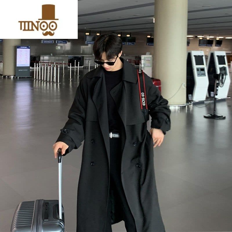 YANXU风衣男中长款韩版潮流英伦风男士感卡其色过膝款大衣外套图片