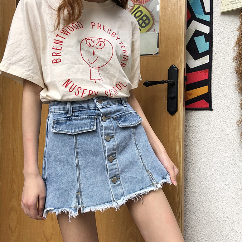 夏季显瘦牛仔裤女磨破水洗复古高腰牛仔短裤女夏热裤假两件裤裙
