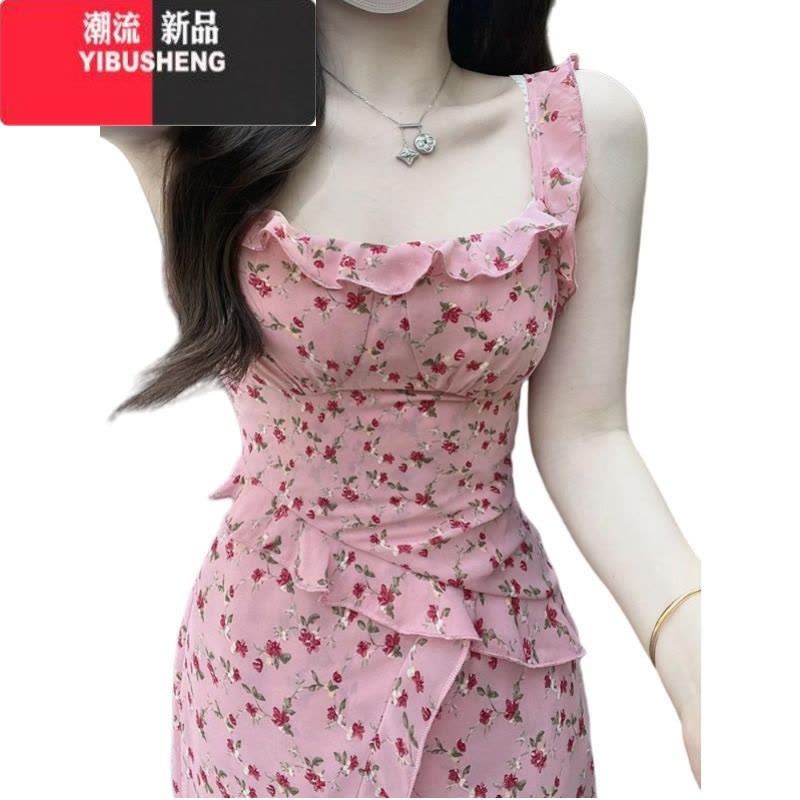 YIBUSHENG法式茶歇碎花吊带连衣裙子女收腰气质设计感小众荷叶边中长裙季图片