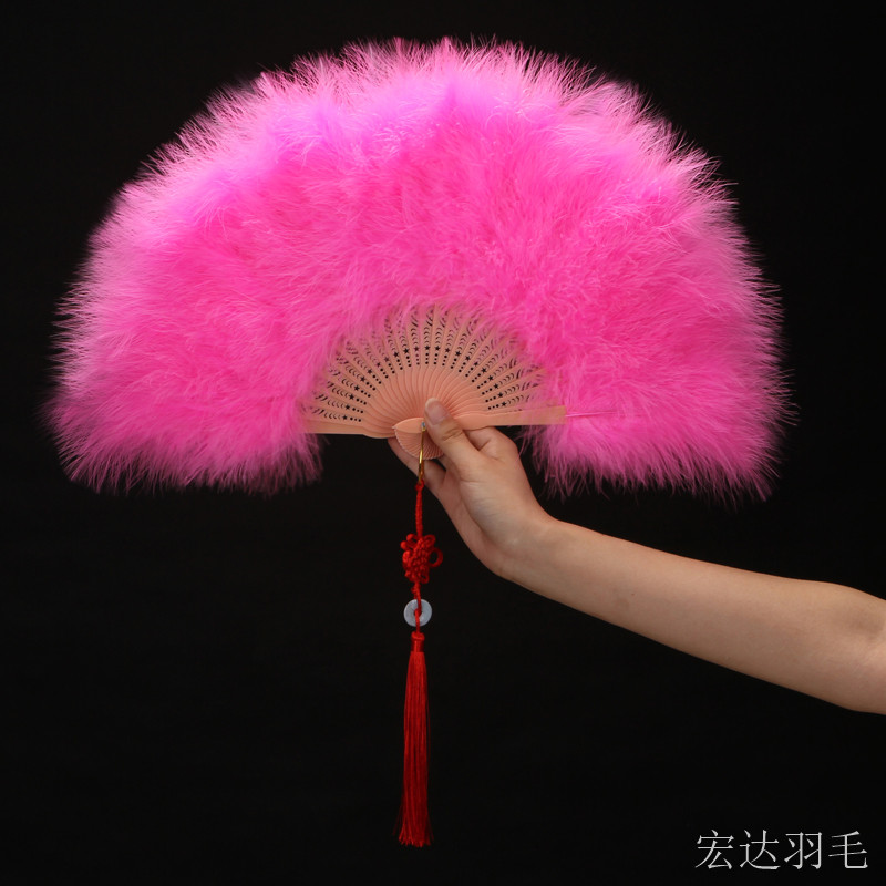 真升级全绒加厚旗袍走秀羽毛扇舞台表演25骨50*30CM羽毛扇子折扇 三维工匠 桃红色真升级高清大图