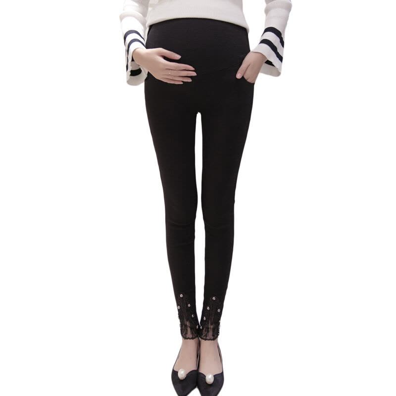 迪鲁奥（DILUAO)孕妇秋装2021新款孕妇钉珠裤脚显瘦小脚托腹裤长裤孕妇裤子 黑色图片
