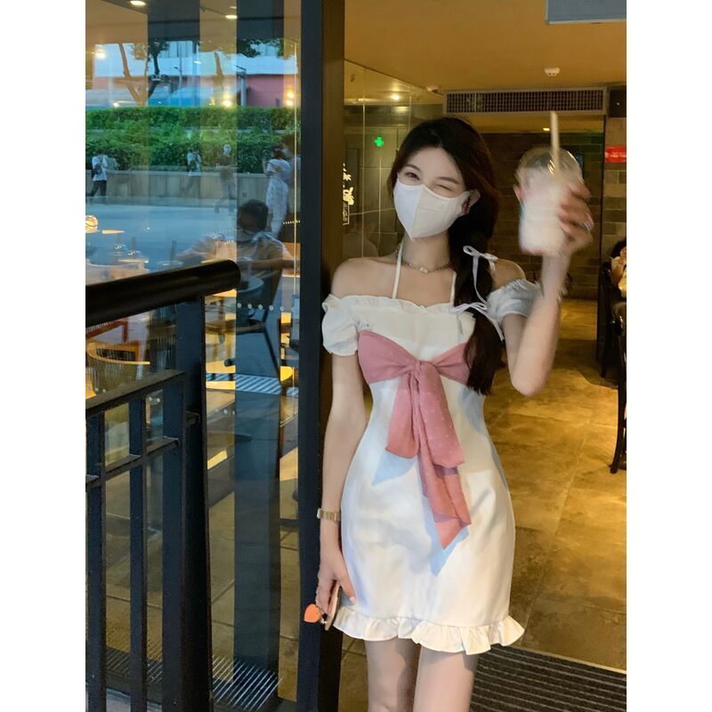 SEOUL又奶又欲~甜美洋气法式复古泡泡袖设计感荷叶边蝴蝶结连衣裙 白拼粉 S