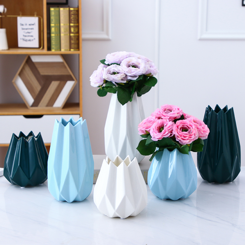 现代简约陶瓷花瓶家居摆设客厅装饰品北欧创意菱形干花插花器摆件 三维工匠 绿色花瓶小号高清大图
