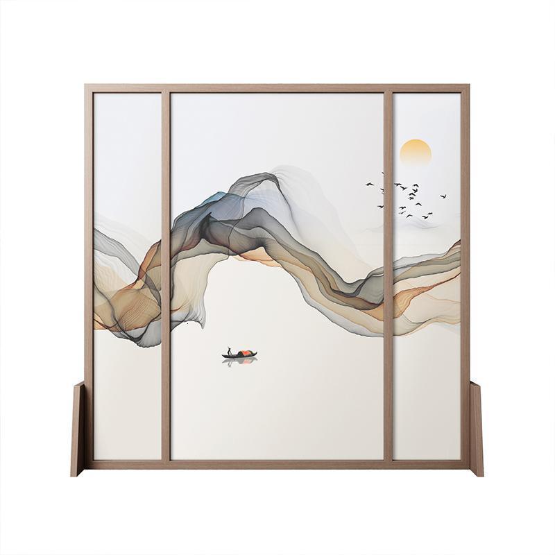 森美人新中式屏风隔断客厅简约现代进家用遮挡玄关布艺座屏移动山水 北美胡桃木半透（140*180cm）整装