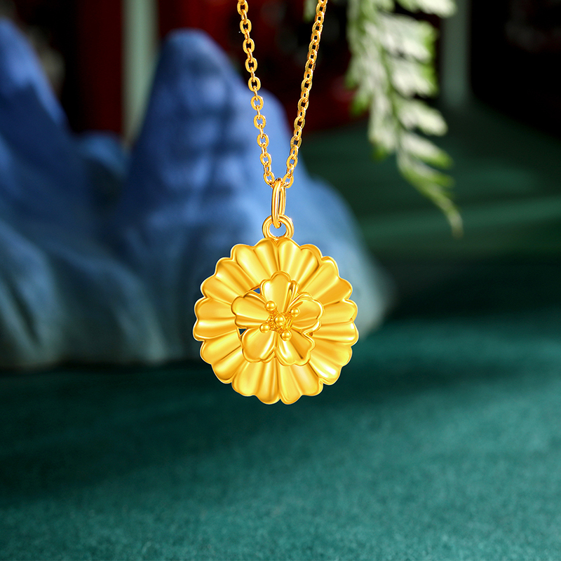 梦金园优雅花朵黄金吊坠芙蓉花足金挂坠显大5d无氰工艺硬金花坠子女士