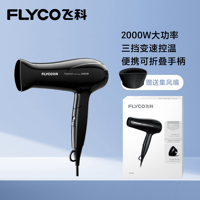 飞科FLYCO 2000瓦电吹风 FH6231 3档冷热风护发便携折叠-25 黑色