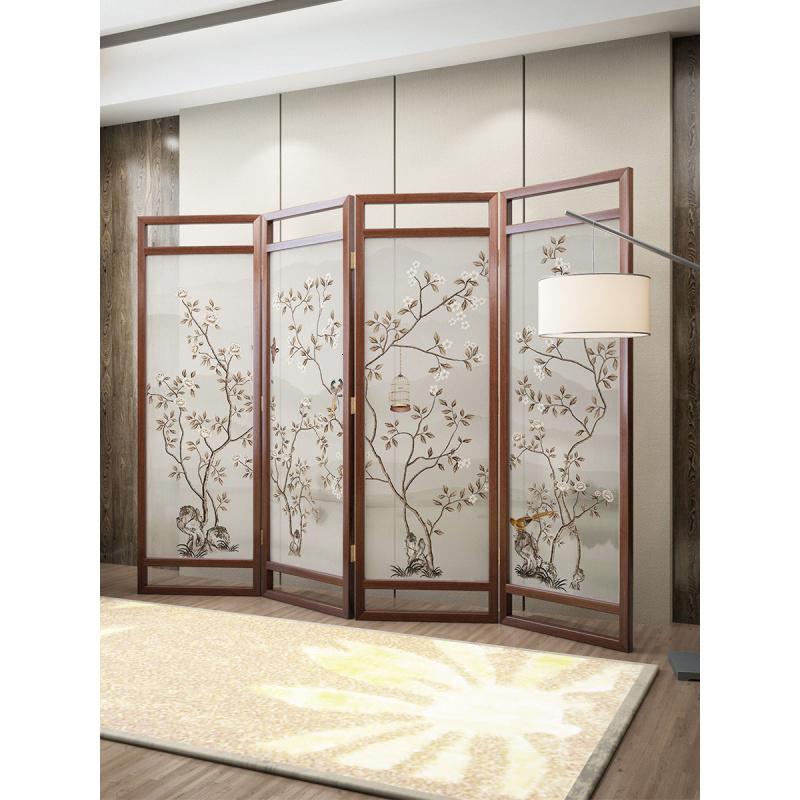 BONJEAN新中式实木屏风隔断客厅卧室办公室酒店简约现代折叠移动花鸟折屏高清大图