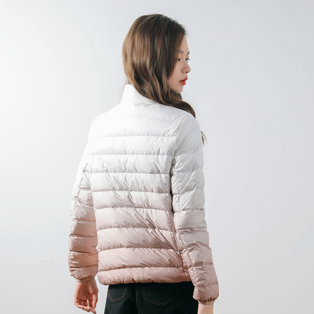 女装秋冬新款90绒轻薄羽绒服女款女式立领渐变色撞色外套_273131高清大图