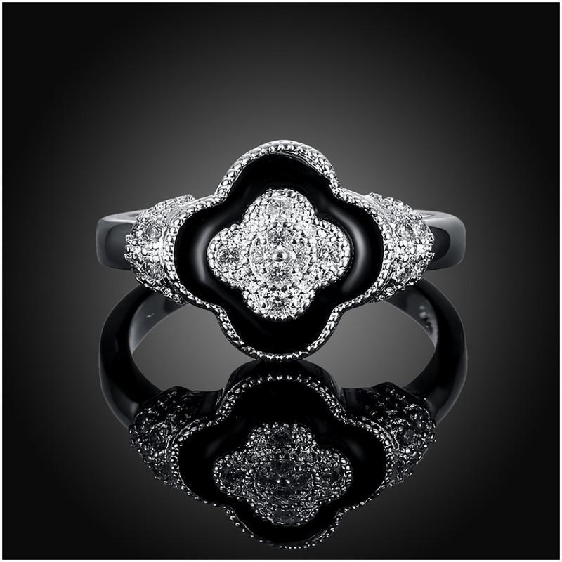 r843women silver rings黑色滴油水晶戒指日韩指环四叶戒子女生送女