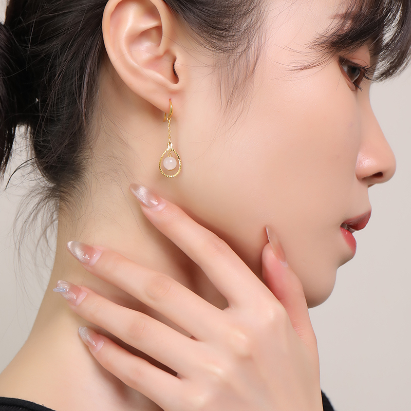 印象眸 足金镶和田玉耳环 黄金镶白玉圆珠女款耳坠耳饰 附送证书