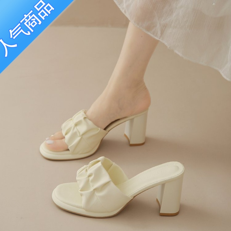 SUNTEK凉拖鞋女外穿仙女风一字半拖2023夏季新款百搭时尚露趾高跟鞋粗跟