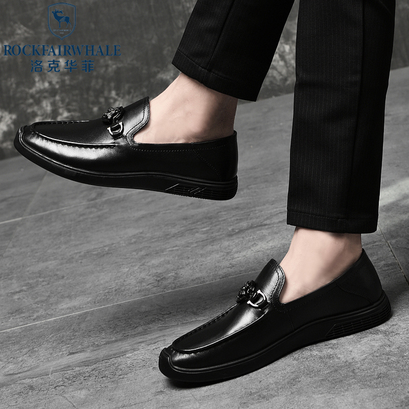 洛克华菲男鞋冬季新款一脚蹬皮鞋男士真皮商务休闲乐福鞋软底英伦豆豆