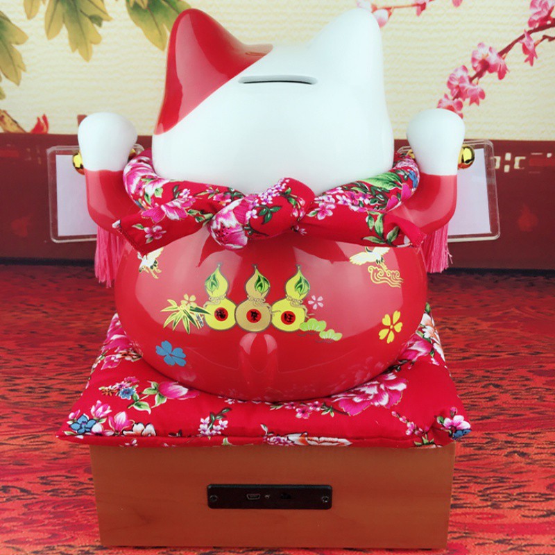 红摆件开业店铺收银台蓝牙语音播报器二维码音箱创意礼品 三维工匠 大号生意兴隆+二维码牌+木底座猫高清大图