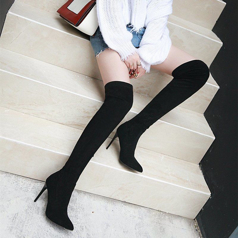 雪千羽冬季新款加绒粗跟过膝靴韩版百搭女皮靴女靴子高跟筒靴加绒高筒